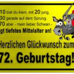 Gelbes Schild mit Esel und Ritter zum 72. Geburtstag