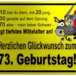 Gelbes Schild mit Esel und Ritter zum 73. Geburtstag