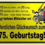 Gelbes Schild mit Esel und Ritter zum 75. Geburtstag