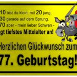 Gelbes Schild mit Esel und Ritter zum 77. Geburtstag