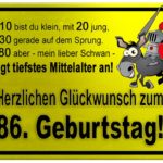 Gelbes Schild mit Esel und Ritter zum 86. Geburtstag