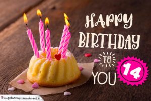 Happy Birthday Karte zum 14. Geburtstag mit Kuchen