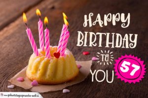 Happy Birthday Karte zum 57. Geburtstag mit Kuchen