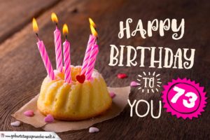 Happy Birthday Karte zum 73. Geburtstag mit Kuchen