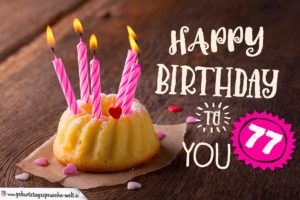 Happy Birthday Karte zum 77. Geburtstag mit Kuchen