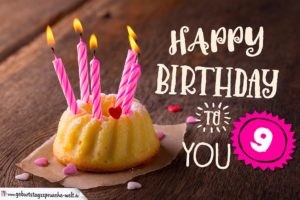 Happy Birthday Karte zum 9. Geburtstag mit Kuchen