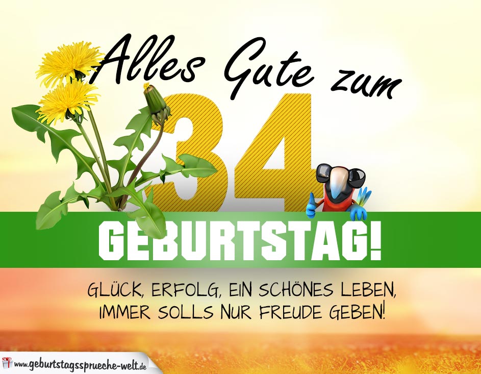 34. Geburtstag - Geburtstagskarte ALLES GUTE mit schönem Spruch - Geburtstagssprüche-Welt