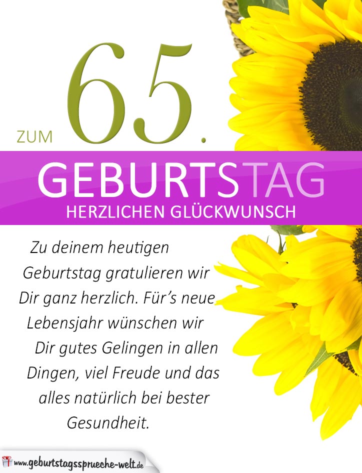 Schlichte Geburtstagskarte mit Sonnenblumen zum 65. Geburtstag ...