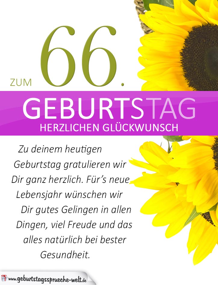 Schlichte Geburtstagskarte mit Sonnenblumen zum 66. Geburtstag - Geburtstagssprüche-Welt