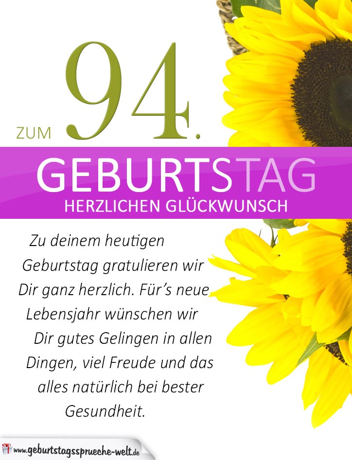 Schlichte Geburtstagskarte mit Sonnenblumen zum 94. Geburtstag