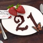 Geburtstagskarte mit Erdbeeren und Schokolade zum 21. Geburtstag