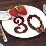 Geburtstagskarte mit Erdbeeren und Schokolade zum 30. Geburtstag
