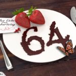 Geburtstagskarte mit Erdbeeren und Schokolade zum 64. Geburtstag