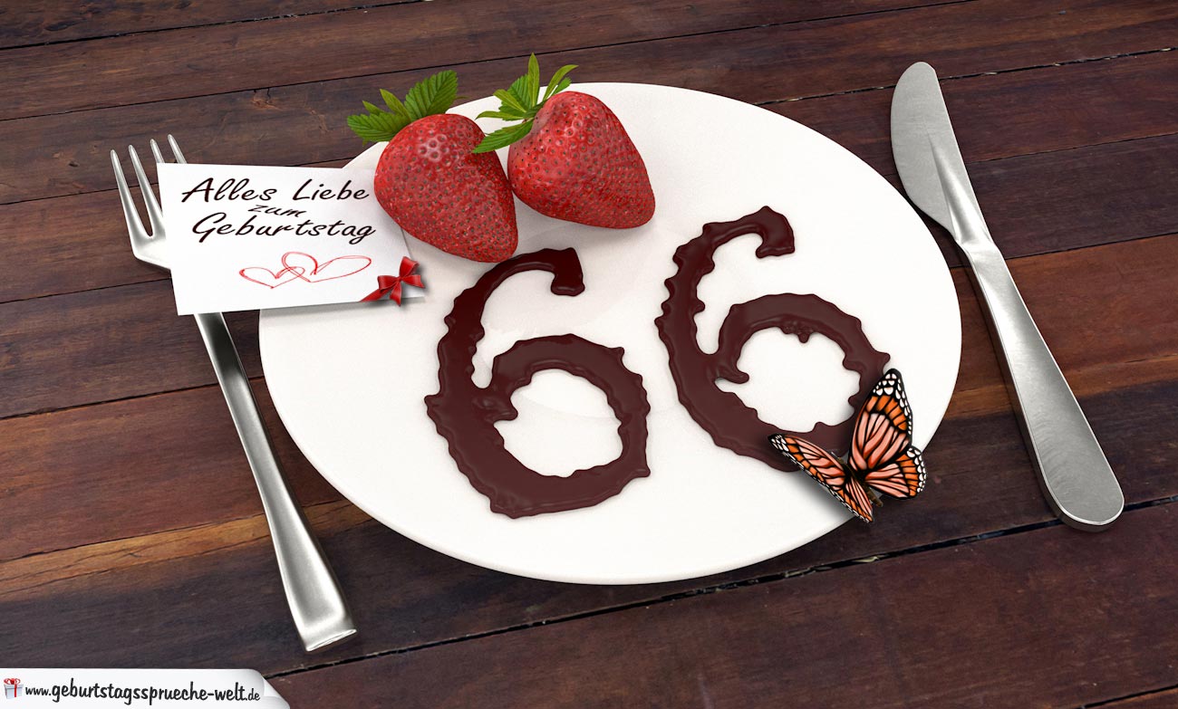 Geburtstagskarte mit Erdbeeren und Schokolade zum 66. Geburtstag