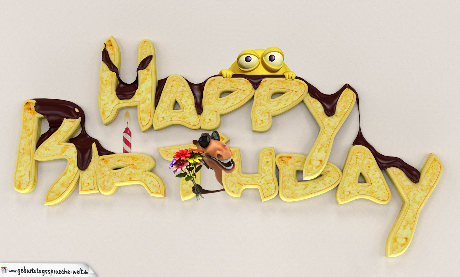 Happy Birthday in 3D-Keksschrift mit Figuren