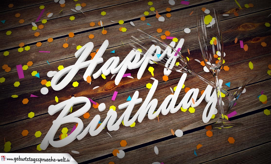 Happy Birthday Karte mit Holzboden, Konfetti und Sektgläsern in 3D