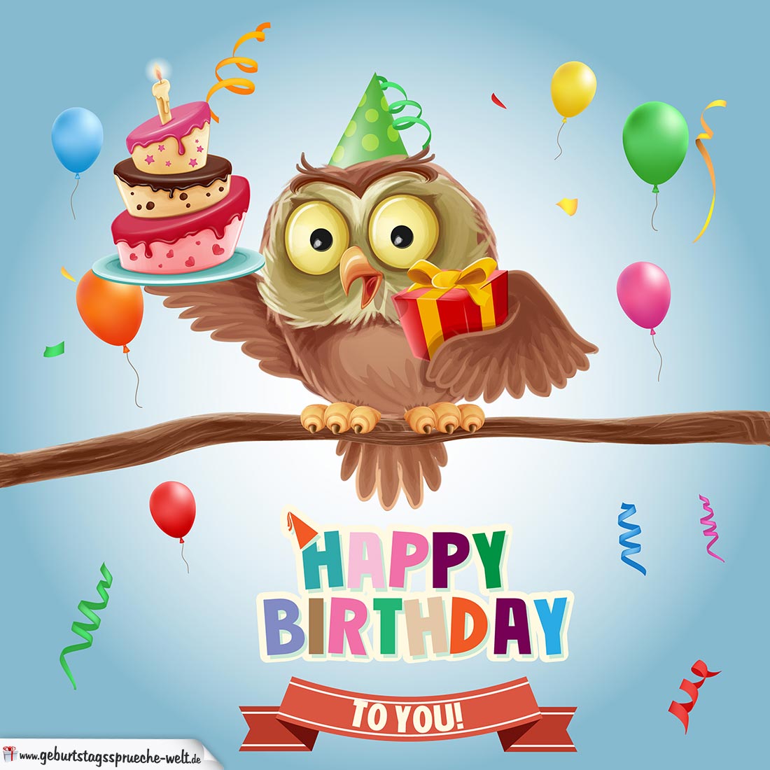 Bunte Happy Birthday Karte mit Eule für Kinder GeburtstagssprücheWelt