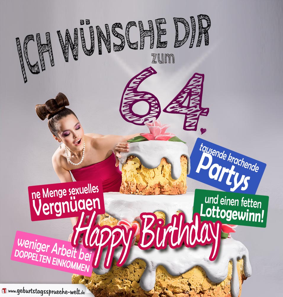 Glückwünsche Geburtstagskarte 64. Geburtstag mit Torte - Geburtstagssprüche-Welt