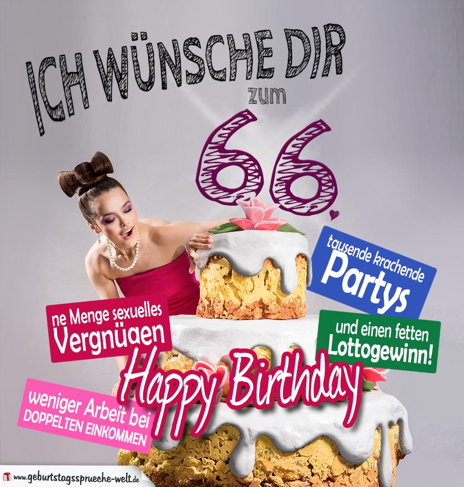 Glückwünsche Geburtstagskarte 66. Geburtstag mit Torte - Geburtstagssprüche-Welt