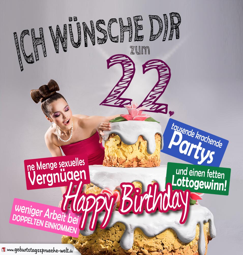 Glückwünsche Geburtstagskarte 22. Geburtstag mit Torte GeburtstagssprücheWelt