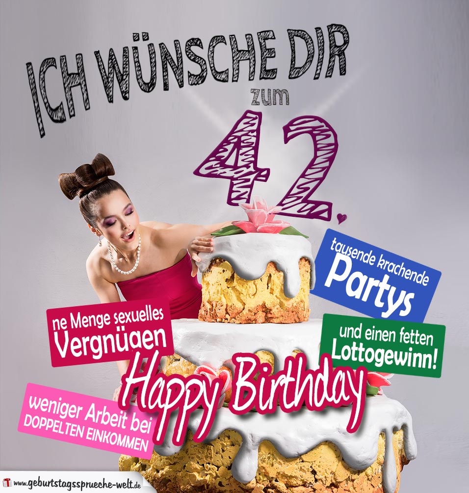 Glückwünsche Geburtstagskarte 42. Geburtstag mit Torte GeburtstagssprücheWelt