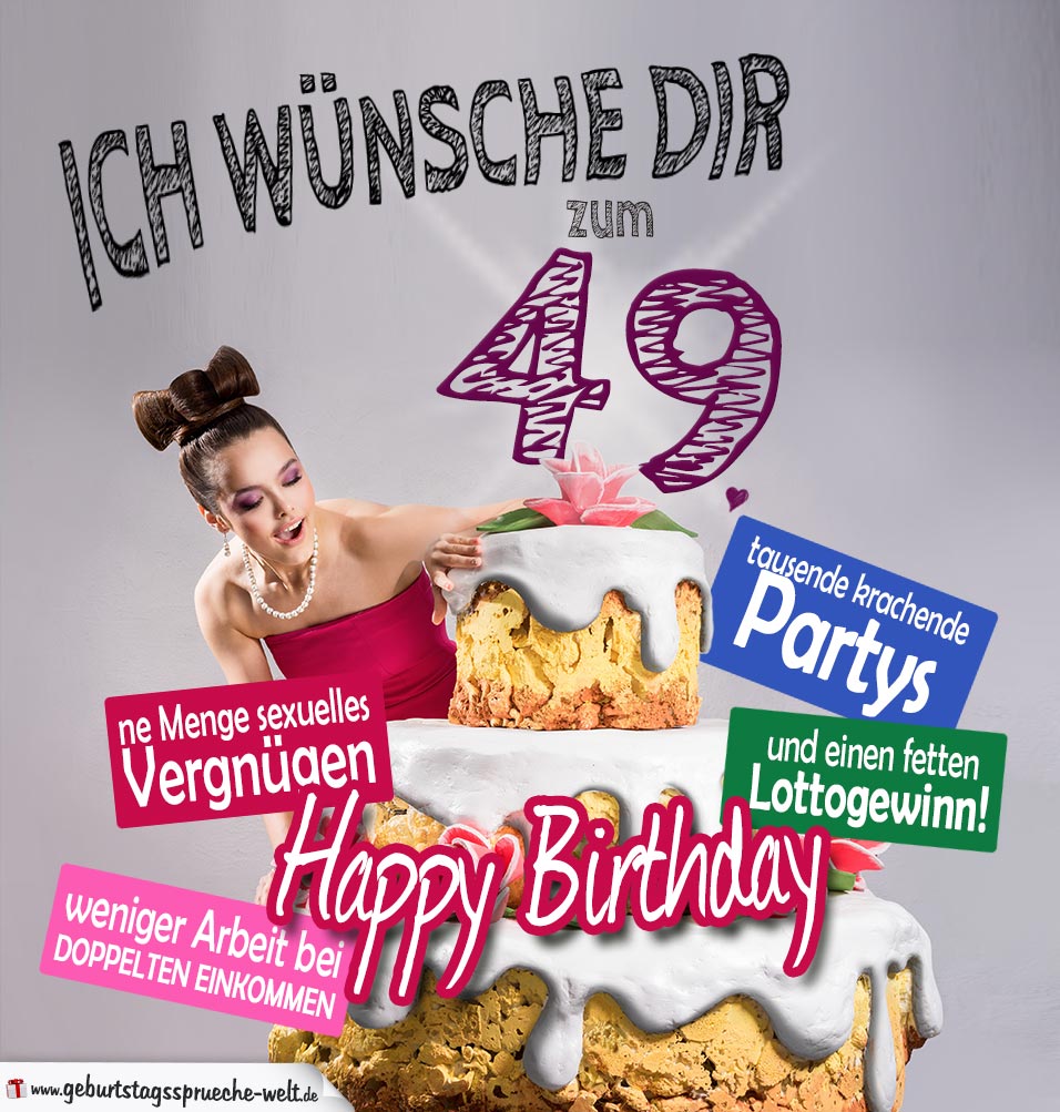 Glückwünsche Geburtstagskarte 49. Geburtstag mit Torte GeburtstagssprücheWelt