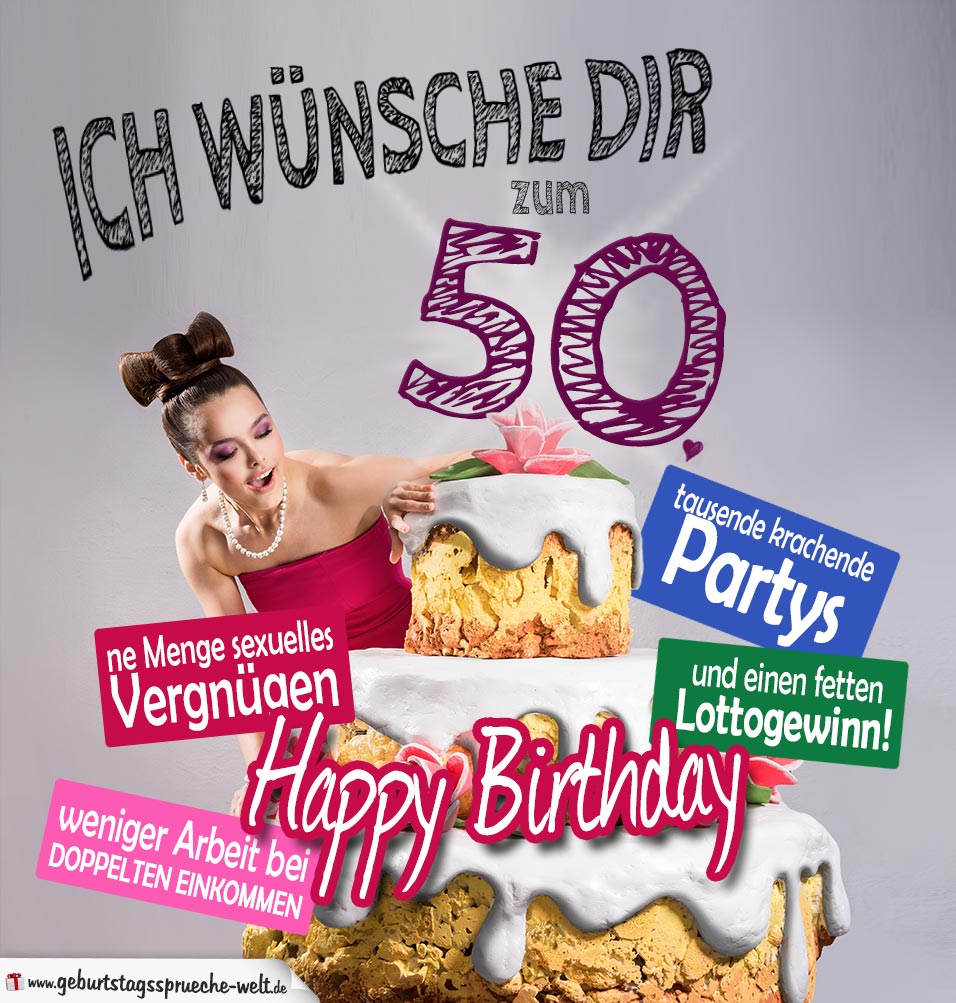 Glückwünsche Geburtstagskarte 50. Geburtstag mit Torte GeburtstagssprücheWelt