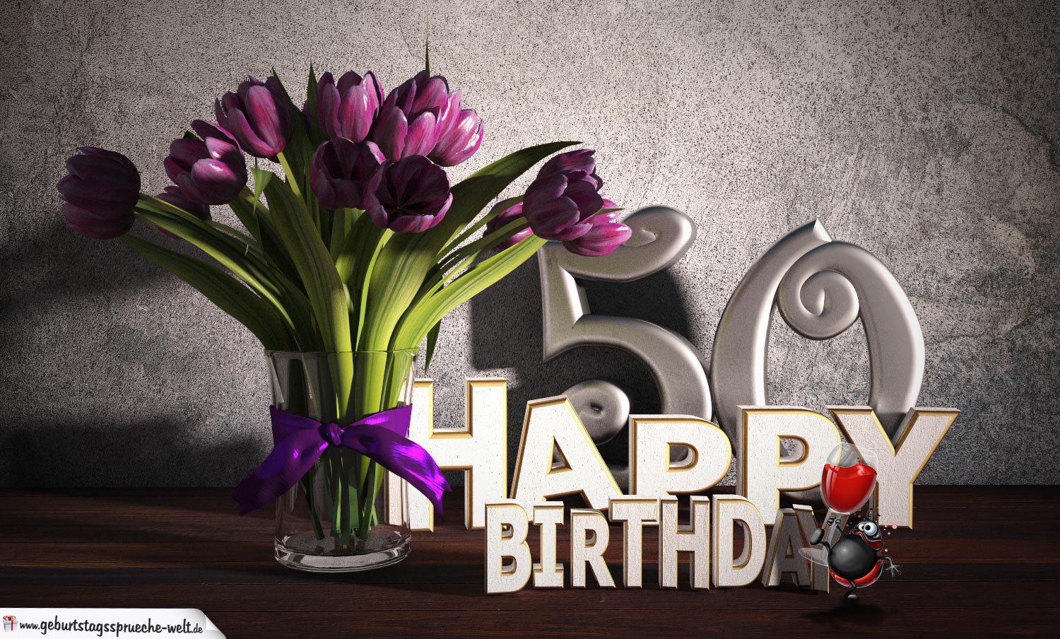 Geburtstagsgruß 50 Happy Birthday mit Tulpenstrauß GeburtstagssprücheWelt