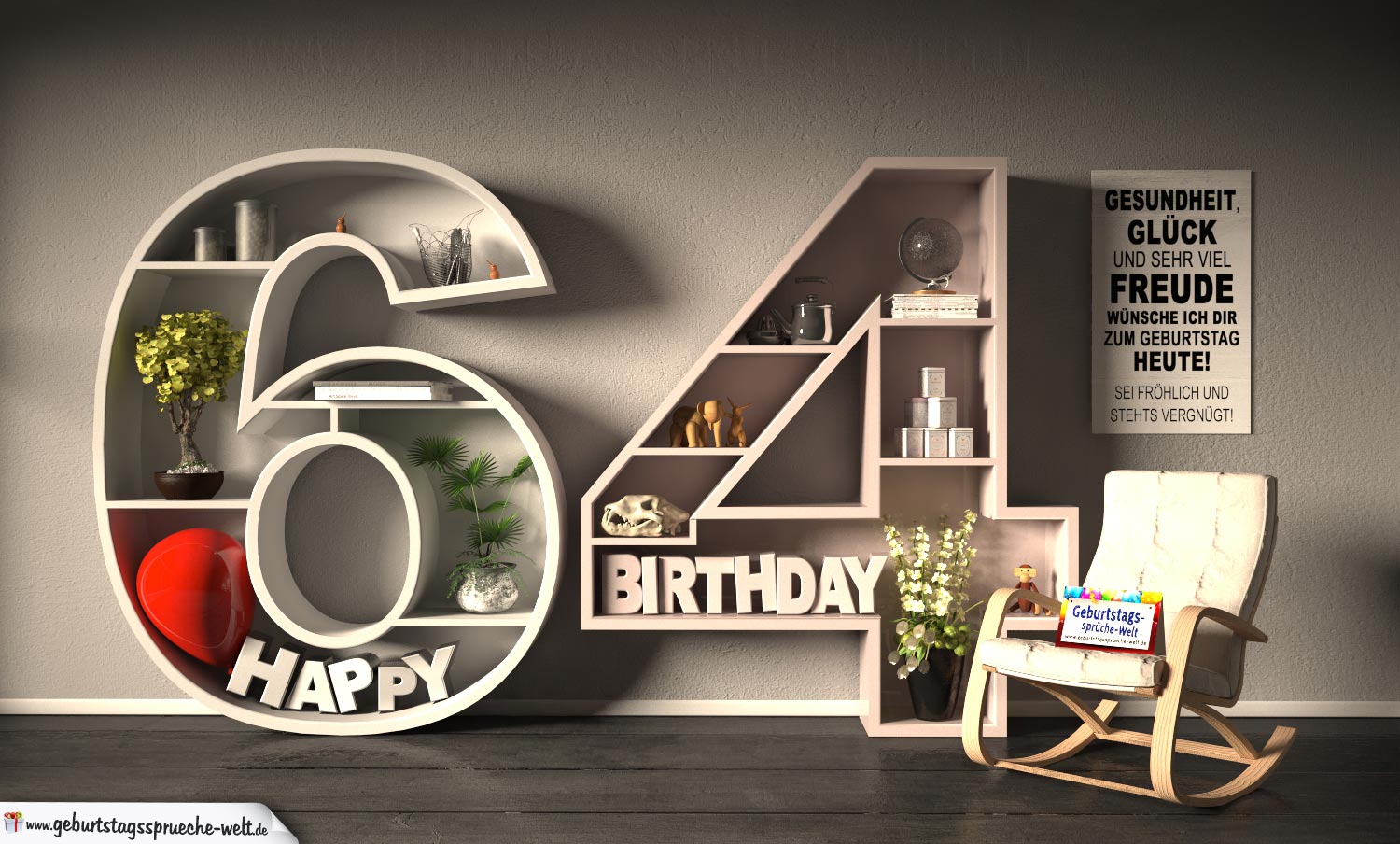 Kostenlose Geburtstagskarte Happy Birthday mit Spruch zum 64