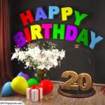 Happy Birthday 20 Jahre Glückwunschkarte mit Margeriten-Blumenstrauß, Luftballons und Geschenk unter Glasglocke