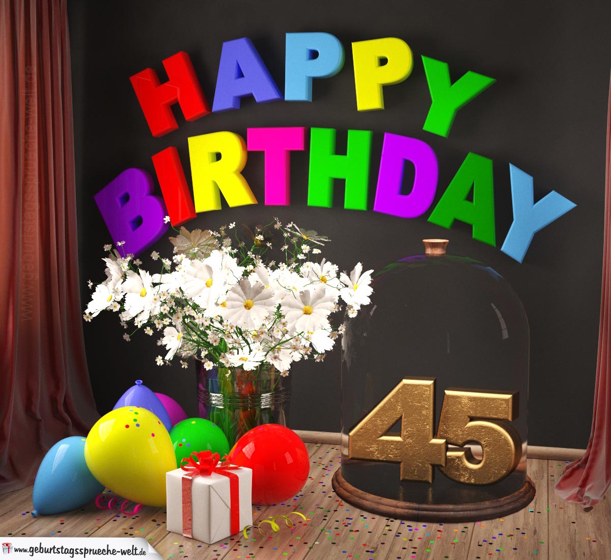 Happy Birthday 45 Jahre Glückwunschkarte mit Margeriten-Blumenstrauß, Luftballons und Geschenk 