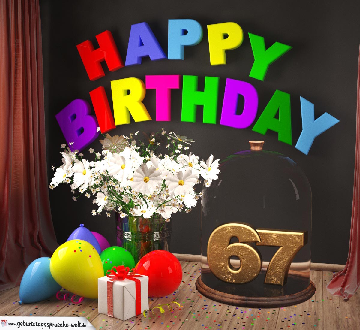 Happy Birthday 67 Jahre Glückwunschkarte mit Margeriten-Blumenstrauß, Luftballons und Geschenk 