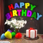 Happy Birthday Glückwunschkarte mit Margeriten-Blumenstrauß, Luftballons und Geschenk unter Glasglocke